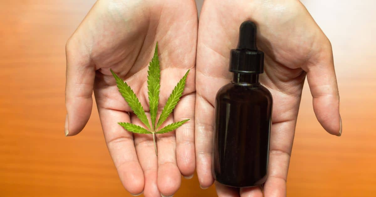 A woman holding marijuana leaf and THC bottle