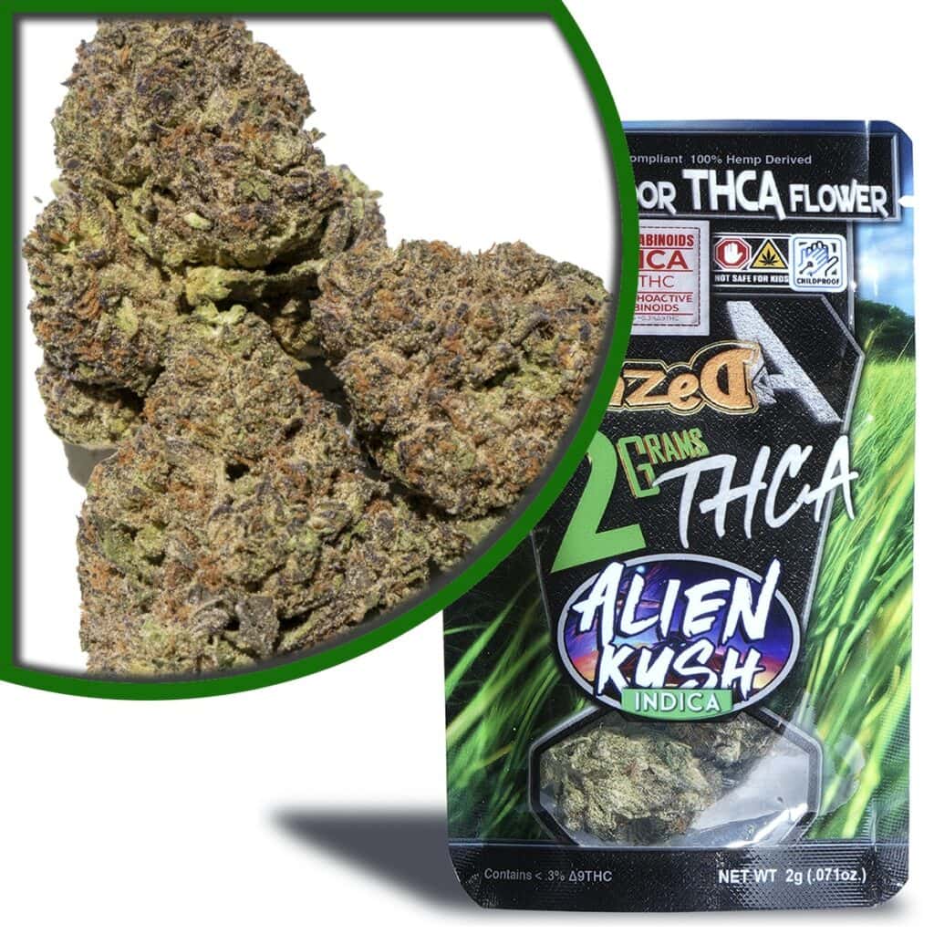A close-up of cannabis buds with purple and green hues inside a magnified circle. Below, a package flaunts Alien Kush Indica and details like 2 grams, 100% hemp derived, and THCa-rich Exotic Indoor Flower. The design boasts a lush green field background.