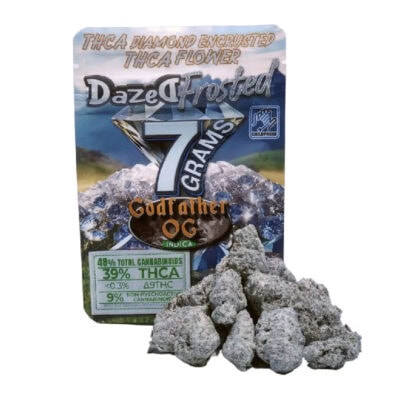 A package of Dazed8 THCa Premium Indoor Flowers 7g, infused with THCa, on a table godfather OG strain flavor