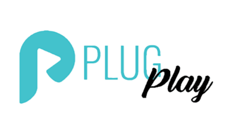 The image showcases the logo of a company, highlighting a stylized turquoise letter P followed by the word PLUG in vibrant greens. The word Play is elegantly scripted in black cursive.
