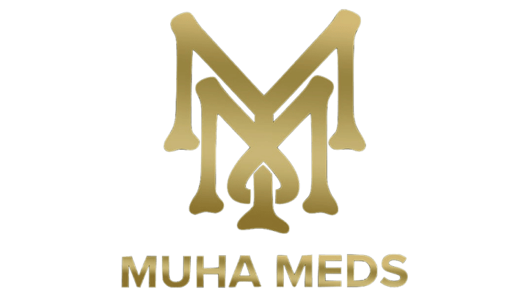 Gold intertwined M letters resembling bones, with the text MUHA MEDS below in gold.